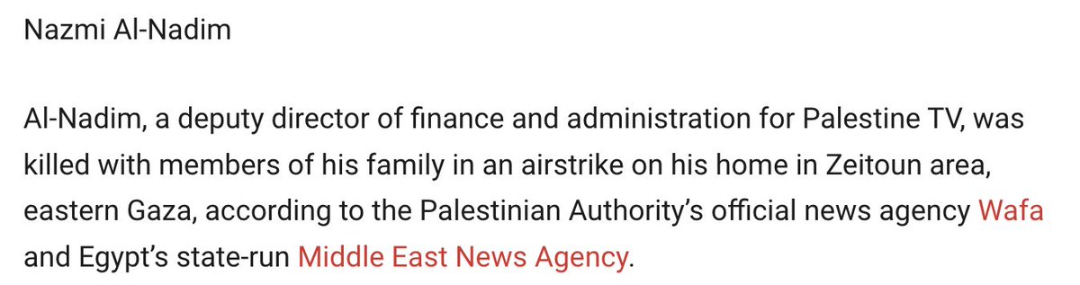 39 journalists have been killed in the first month of the Israel-Gaza War, the deadliest month since CPJ started keeping statistics in 1992. 

34 were Palestinians; nearly all died from Israeli airstrikes, many in their homes with their families: cpj.org/2023/11/journa…