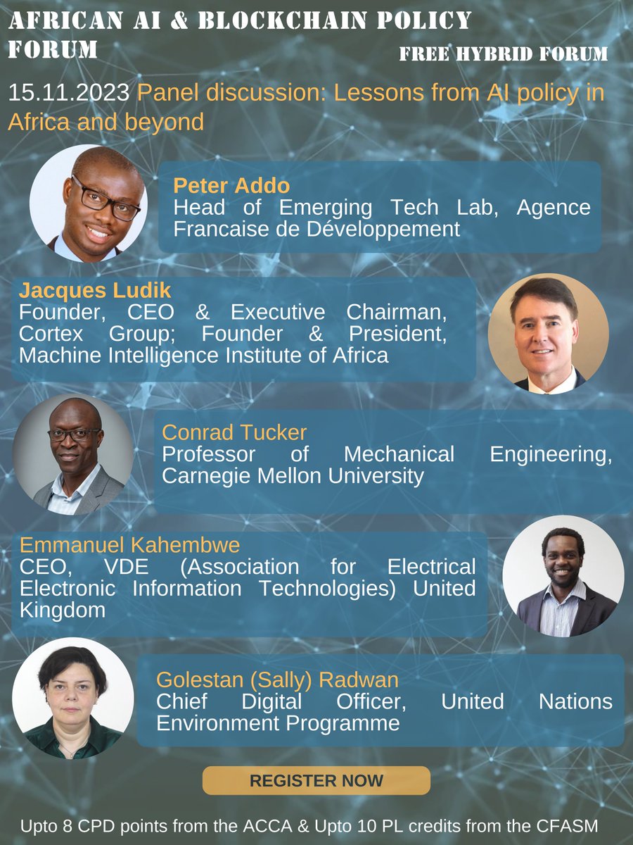 Introducing our speakers for the panel discussion on lessons from AI policy in Africa and beyond

Register for free: rb.gy/j832a

The agenda and more details on the Forum can be accessed on: rb.gy/hwqau