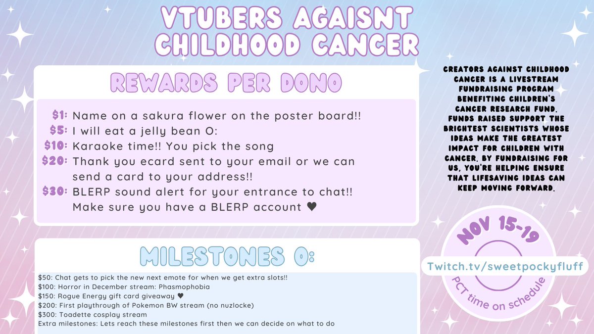 Schedule for next week out a bit early!! We will also be raising funds for vtubers against childhood cancer <a href="/CreatorsACC/">Creators Against Childhood Cancer</a> I also have fun incentives and milestones to hit for this!! We will also be continuing our randomlocke which starts on SATURDAY AH AH AH for Pokemon Emerald