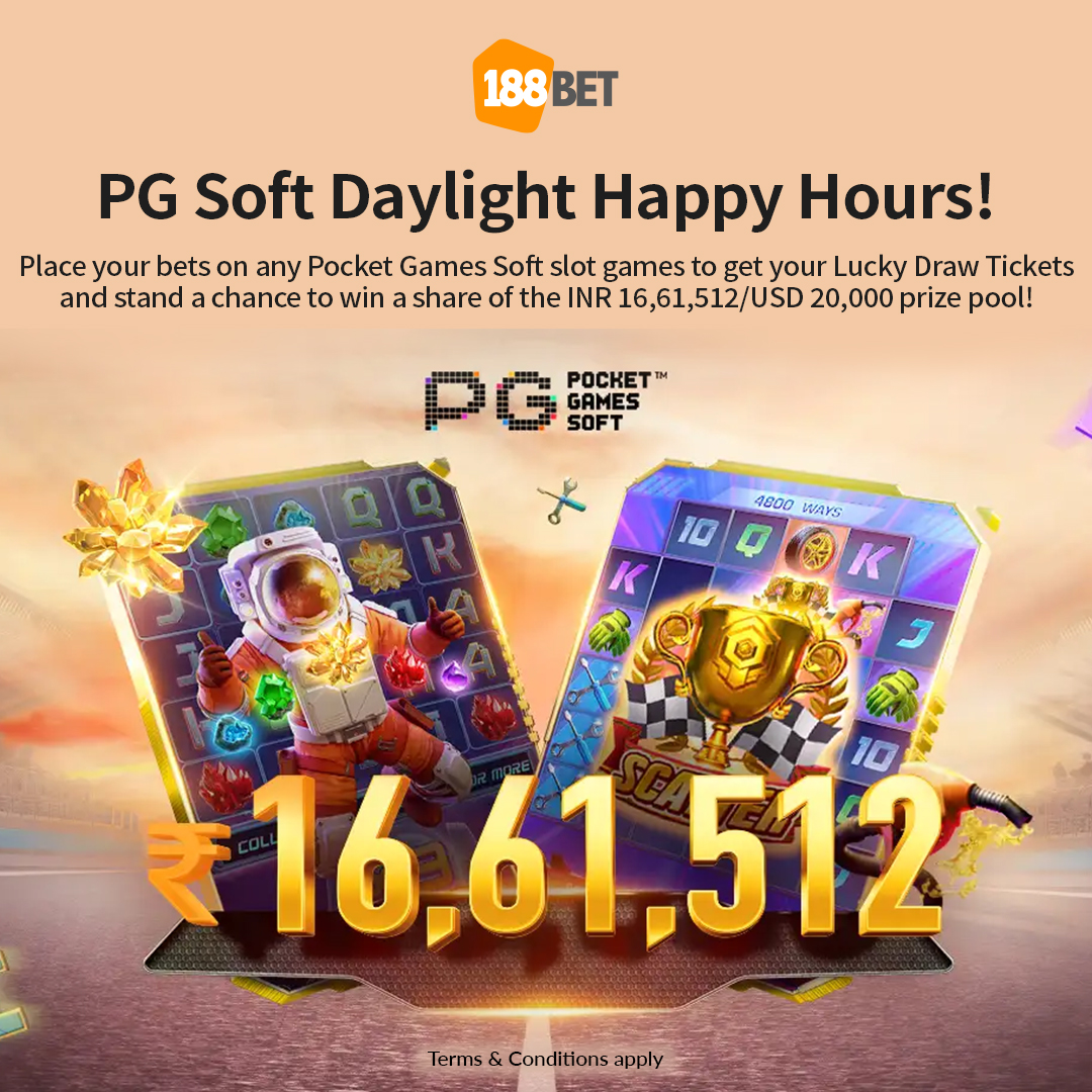 Dive into the thrill of #PocketGamesSoft Happy Hours Special at #188BET! 🎰✨ 

Place your bets on the incredible #slotgames, grab your #LuckyDraw Tickets, and let the gaming adventure unfold. 🌟 Your chance to snag a share of the INR 16,61,512/USD 20,000 #prize pool awaits! 🏆