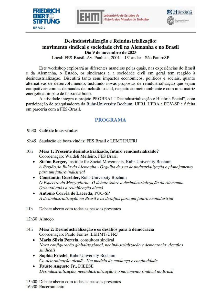 SophiaDel4's tweet image. Next stop: Sao Paulo @FESonline with Stefan Berger and @GoschlerC. After a great workshop on #structuralchange at the University in Rio I&apos;m looking forward to discuss possibilities and limits to German #codetermination in times of de- and reindustrialization.