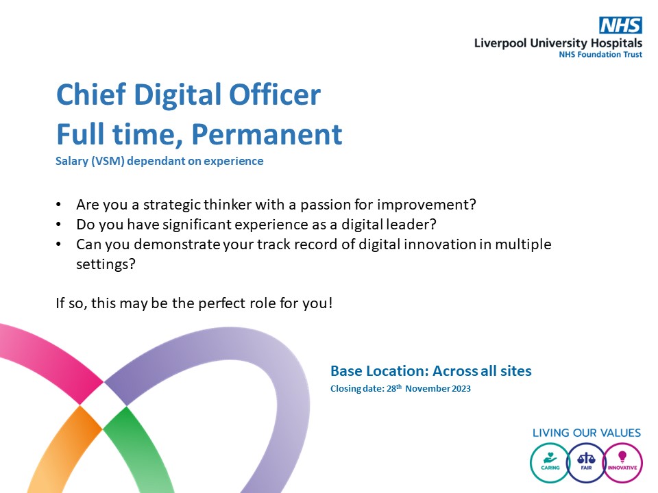 We have an exciting opportunity within our Digital Team.

Are you interested in being part of the creation and implementation of a long-term clinically led digital strategy for the Trust.

This role could be for you. Apply now using the link below;

bit.ly/3ssSjtw