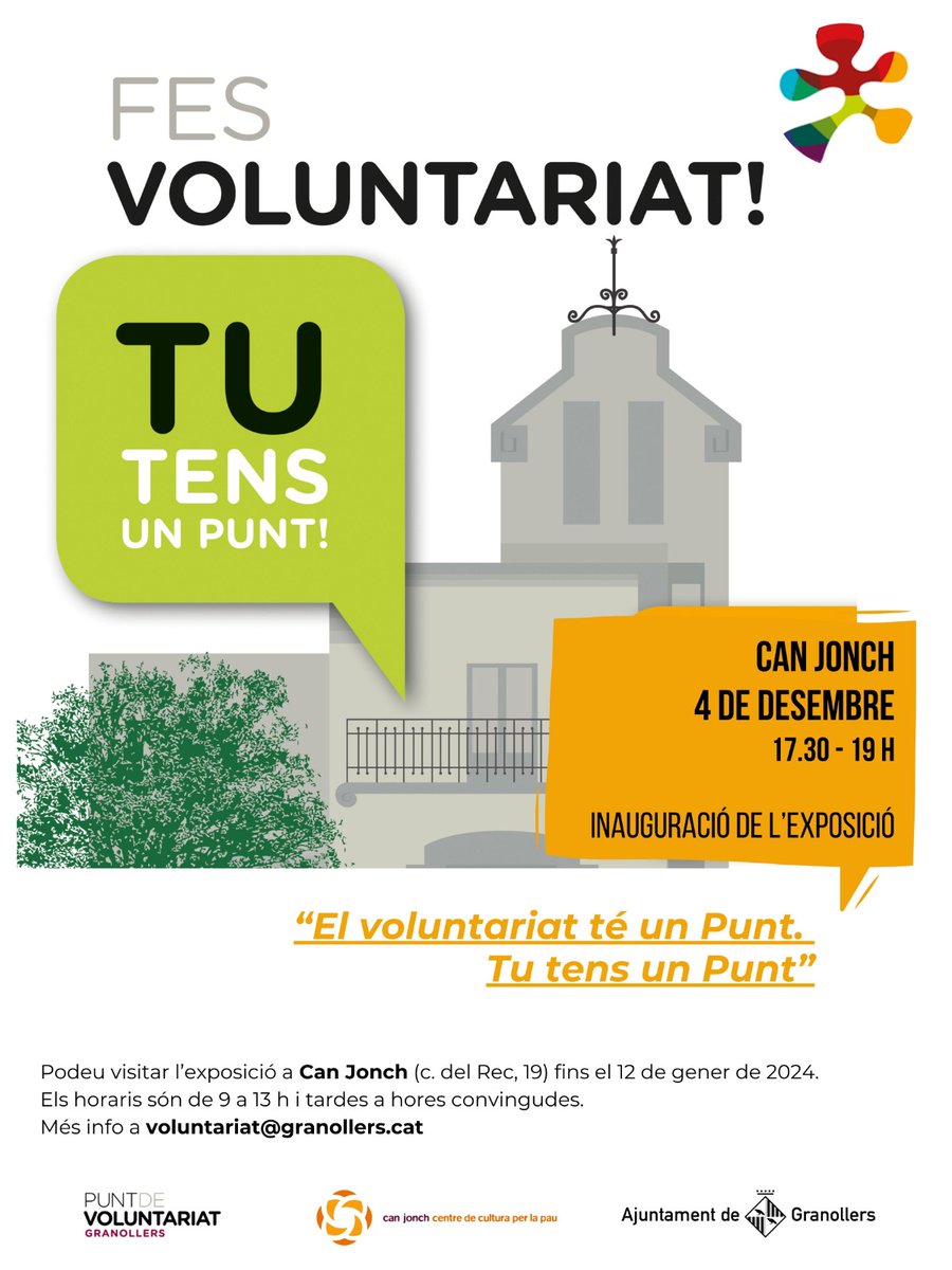 Vols saber més sobre el voluntariat a Granollers? Vine a la inauguració de l'exposició: El Voluntariat té un Punt, tu tens un Punt! 

👇🏽 Pel #diadelvoluntariat23 vine a conèixer més i a gaudir d'un espai de relació amb les entitats de voluntariat de la ciutat.