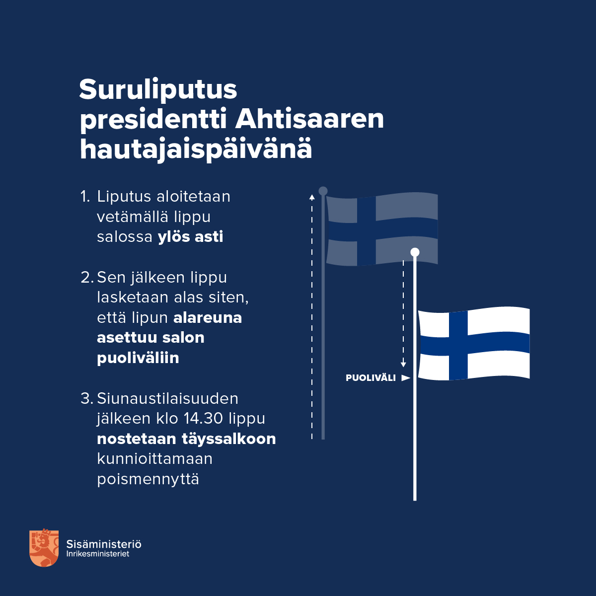 Presidentti Ahtisaaren valtiolliset hautajaiset pidetään perjantaina 10.11. Koko maan toivotaan yhtyvän suruliputukseen.

Suruliputus alkaa klo 8. Siunaustilaisuuden päätyttyä klo 14.30 lippu nostetaan täyssalkoon tekemään kunniaa poismenneelle. Liputus päättyy klo 20.