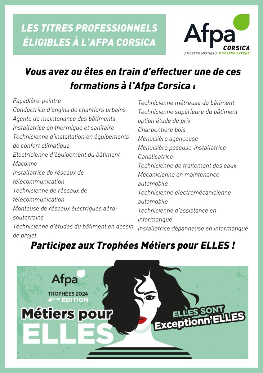 AFPA_CORSE's tweet photo. 🏆 L’Afpa Corsica participe pour la 1ère fois aux Trophées Métiers pour ELLES !

✅ Vous êtes une femme, ayant suivi une formation à l'Afpa entre 2018 et 2023, ou êtes en formation sur un titre professionnel qui accueille - de 30 % de femmes

Candidatez 👉 https://t.co/n8TynUTJhr https://t.co/IK8dvfDbyd