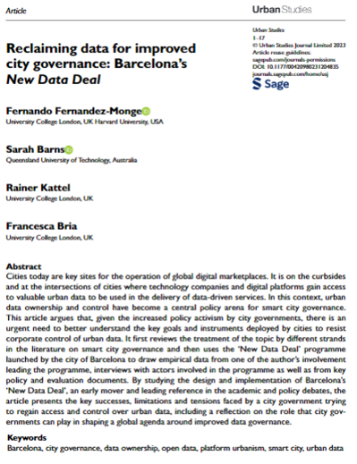 Urban Studies Journal (@usj_online) on Twitter photo New paper by <a href="/FerMongeC/">Fernando Monge</a>, <a href="/_sarahbarns/">sarah barns</a>, @rainerkattel and <a href="/francesca_bria/">Francesca Bria (@francescabria.bsky.social)</a>: 'Reclaiming #data for improved city #governance: Barcelona's New Data Deal' ow.ly/U6qs50Q4Yfg New paper by <a href="/FerMongeC/">Fernando Monge</a>, <a href="/_sarahbarns/">sarah barns</a>, @rainerkattel and <a href="/francesca_bria/">Francesca Bria (@francescabria.bsky.social)</a>: 'Reclaiming #data for improved city #governance: Barcelona's New Data Deal' ow.ly/U6qs50Q4Yfg
