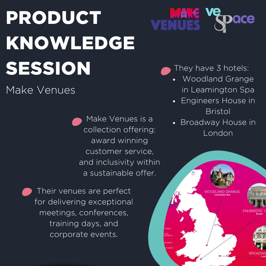 We recently had a product knowledge session with @make_venues 💡 We learned about their three properties that are perfect for a range of corporate events. Thank you for chatting with us!

#veSpace #ProductKnowledgeSession #MakeVenues #UKVenues #MeetingsAndEvents #EventProfs