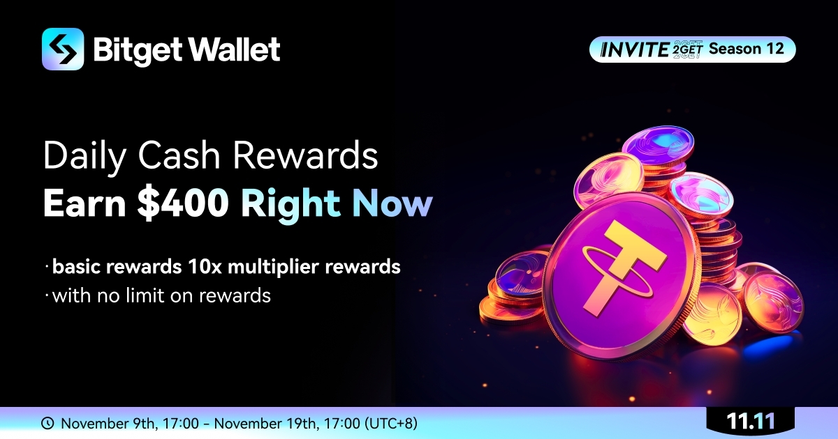 BitgetWallet's tweet photo. Welcome back to #BitgetWallet #Invite2Get Season 12!
Individual prizes go up to $400. Claim basic invitation rewards + earn up to a 1000% multiplier 🤑
Start inviting, and get winning:
https://t.co/7Bx0hqqvc9
Full details👇
https://t.co/zkUN9JwTlW https://t.co/66aO4BvEAJ