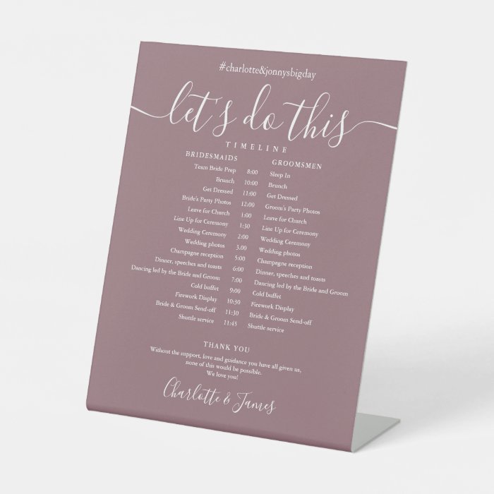 Get organized and keep your guests informed with our Mauve Script Wedding Schedule Timeline. This modern and elegant script table decor sign is perfect for displaying your wedding itinerary. Let's do this in style! #weddingdecor #weddingsupplies #mauve
zazzle.com/mauve_script_w…