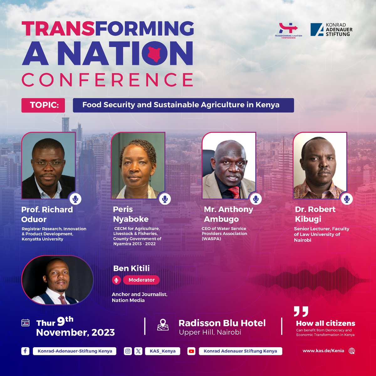 The second panel of the day is on. Sharing on Food Security and Sustainable Agriculture in Kenya. Panelists:
<a href="/OduorDr/">Dr. Richard Oduor</a>
<a href="/Kibugy/">Kîbugi 🇰🇪</a>
<a href="/Ben_Kitili/">Ben Kitili</a>

#TransformingANation2023