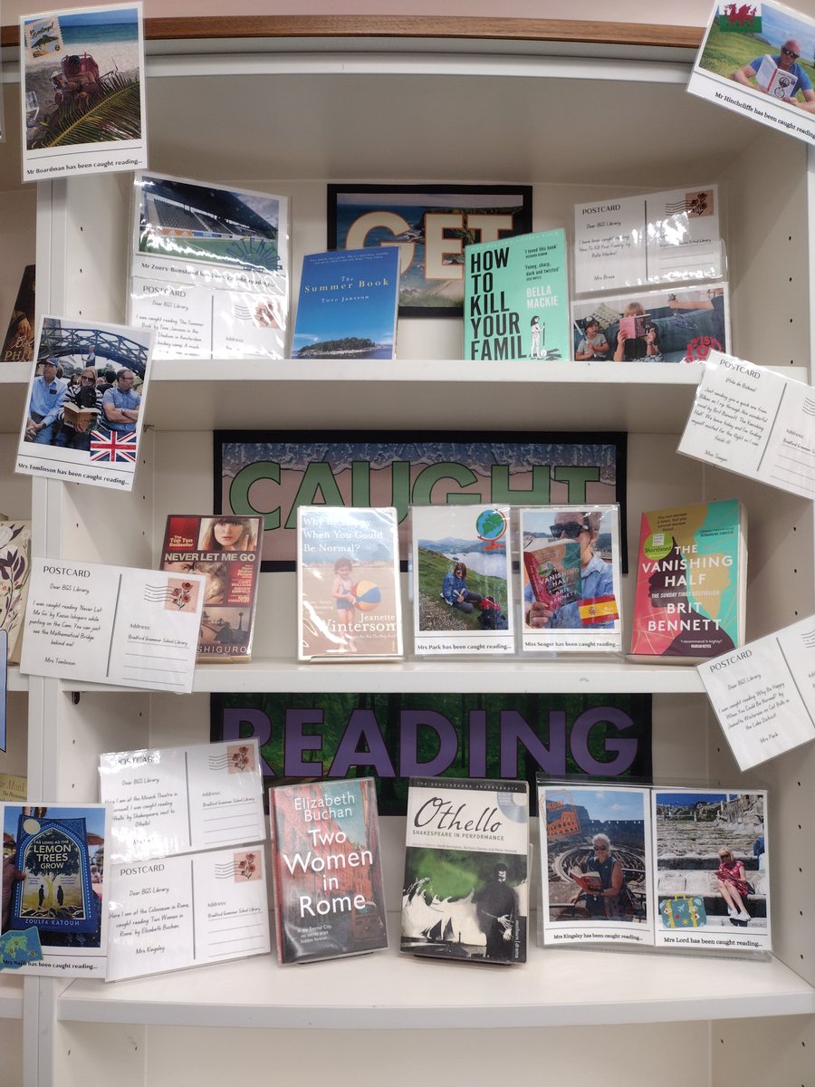 bgs_library's tweet photo. Thanks to everyone who took up our #GetCaughtReading challenge over the summer. Congratulations to Miss Seager, winner of our prize draw goody bag.🙌Check out the fabulous photos and books - in the library now! #summerreadingchallenge #booktwitter #RfP #readerteachers #bgsfamily https://t.co/MIikOeg4sJ