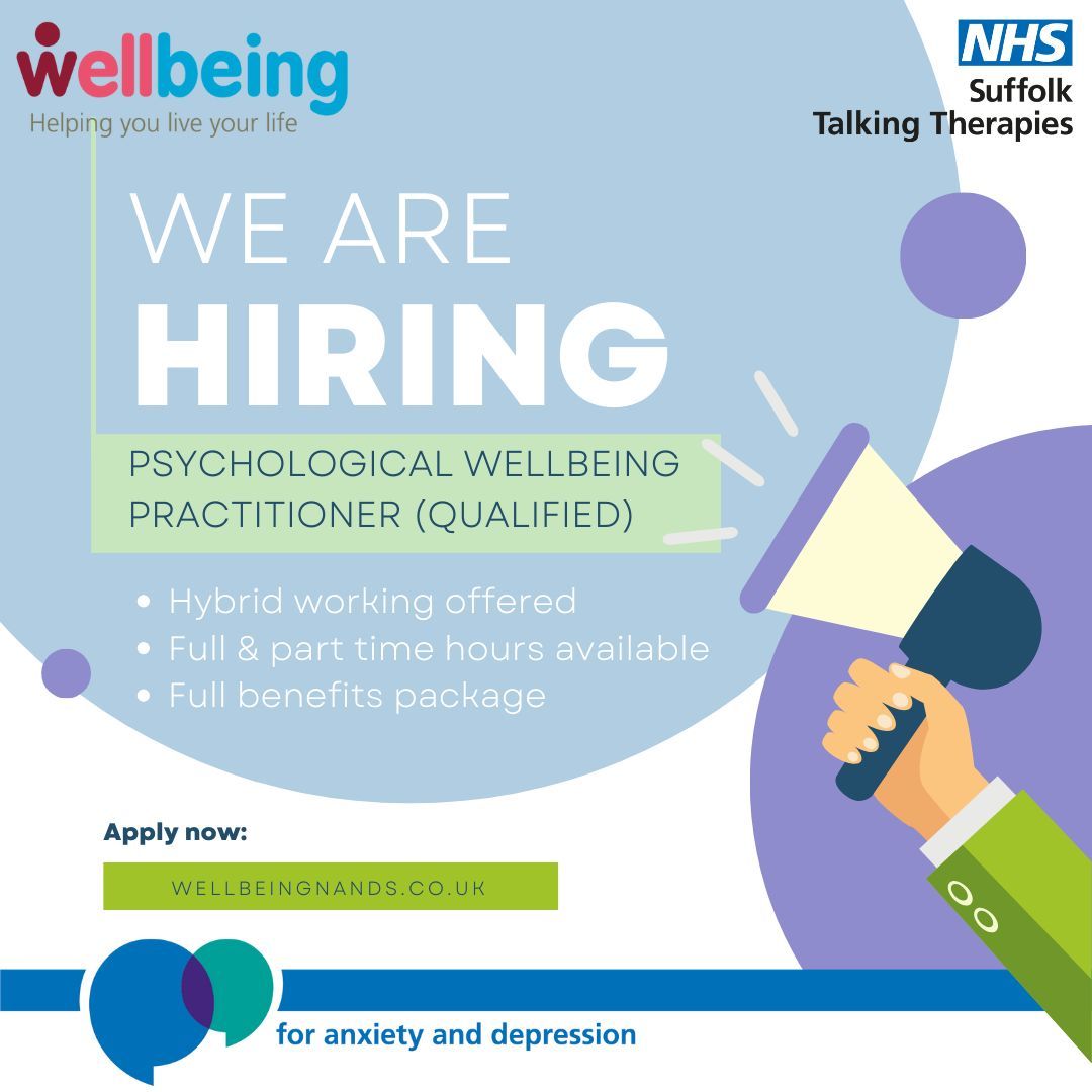 Are you a qualified Psychological Wellbeing Practitioner? If so, we'd love to hear from you!

I you want to be a part of a talented, fast growing and passionate team and want to make a positive difference in people’s lives, apply now: wellbeingnands.co.uk/suffolk/psycho… 

#PWPjobs