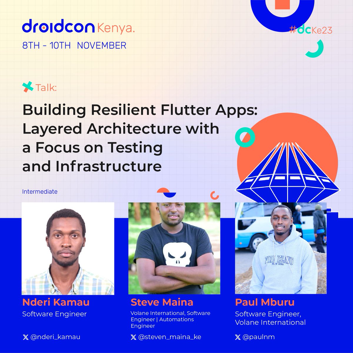🔨📱 Join <a href="/nderi_kamau/">Nderi Kamau 👨‍💻🐞</a> <a href="/paulnm/">Paul Mburu</a> and <a href="/steven_maina_ke/">Steven Maina</a> at #dcke23  for an in-depth session on 'Building Resilient Flutter Apps: Layered Architecture with a Focus on Testing and Infrastructure'! 🚀⚙️ 

 #FlutterDevs #AndroidDevs #MobileDevs