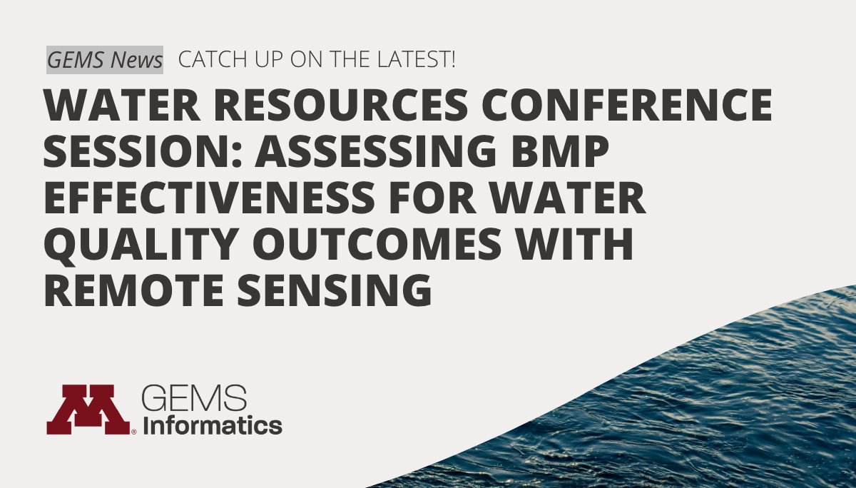 GEMS Ops Manager recently chaired a <a href="/MinnesotaWater/">Water Resources Center (WRC)</a> Conference session on "Assessing BMP Effectiveness for Water Quality Outcomes with Remote Sensing".

Read how <a href="/MNagriculture/">Minnesota Department of Agriculture</a> &amp; <a href="/UMNForestRes/">UMN Forest Resources</a> collaborate on water quality assessments. 
gems.umn.edu/news/water-res…

#WaterQuality #GEMS