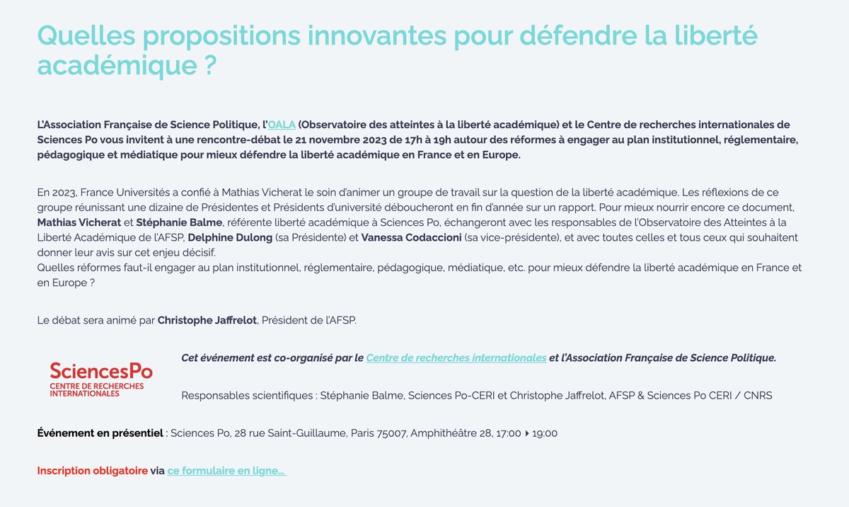 🚨 Quelles propositions innovantes pour défendre la liberté académique ? 

RENCONTRE-DÉBAT co-organisée par l'AFSP &amp; le <a href="/CERI_SciencesPo/">CERI Sciences Po</a> mardi 21 novembre 2023 à <a href="/sciencespo/">Sciences Po</a> de 17h à 19h 

Infos &amp; inscriptions : afsp.info/quelles-propos…
#ESR #libertéacadémique
