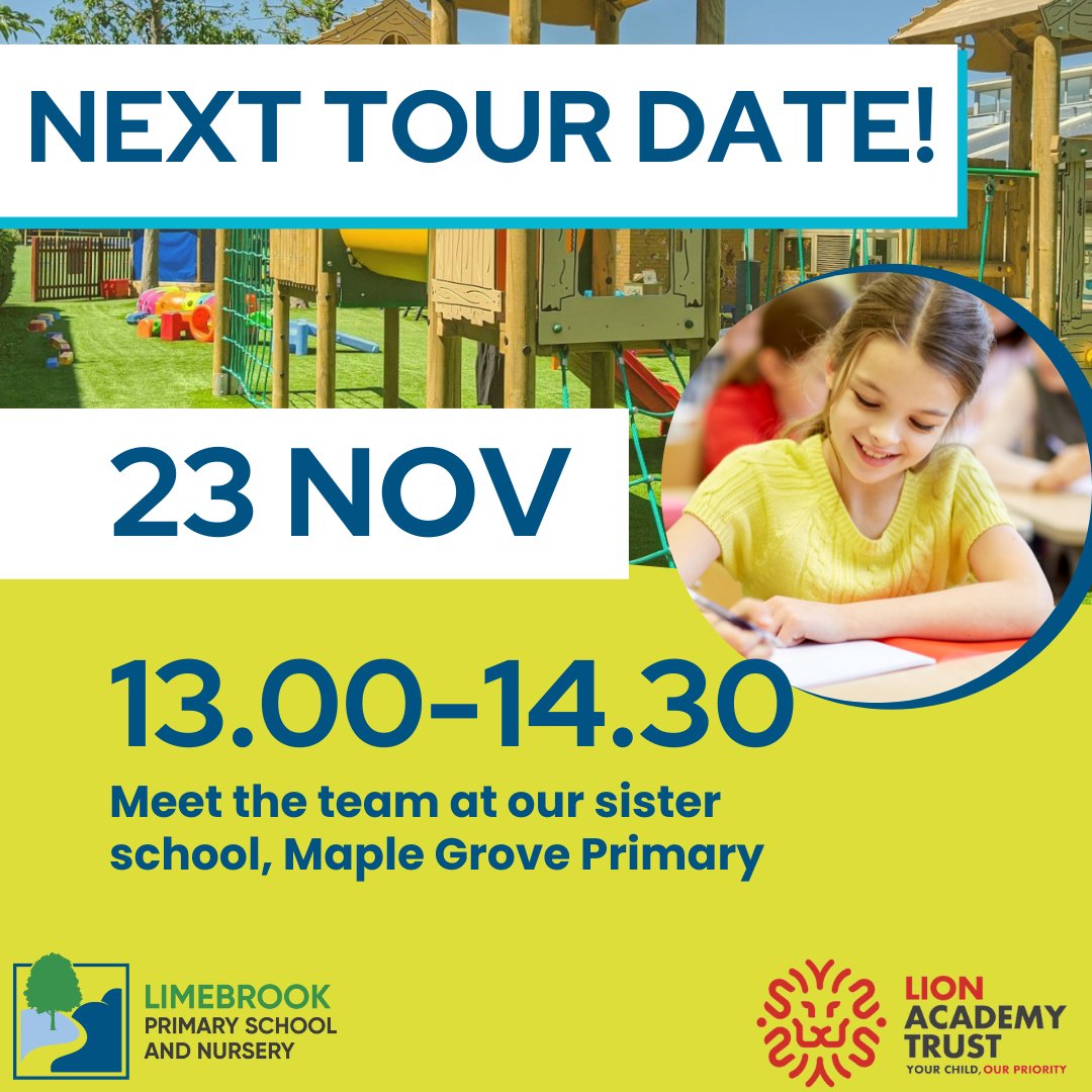 Just 3 more opportunities to join one of our tours before the #Admissions2024 deadline! If you're interested in Limebrook Primary School & Nursery, do come to meet the team, see our provision & ask any qus. Visit limebrookprimary.net/about-the-scho… for info & to book. #MaldonEssex