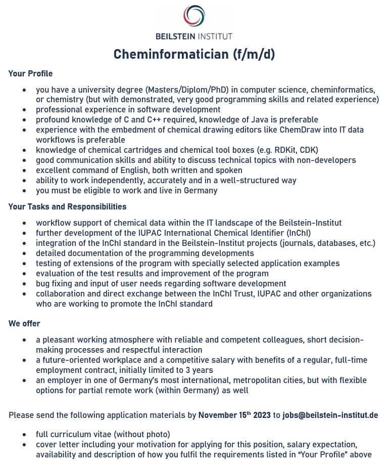 BeilsteinInst's tweet photo. 📢We at the Beilstein-Institut are very excited to announce that, as a first step towards our recently established cooperation with @InChI_Trust, we will be hiring a full-time #cheminformatician.
🔗 https://t.co/Q5FuU7nLx4
#inchi #openscience #digitalchemistry #cheminformatics https://t.co/wQkRulHX94