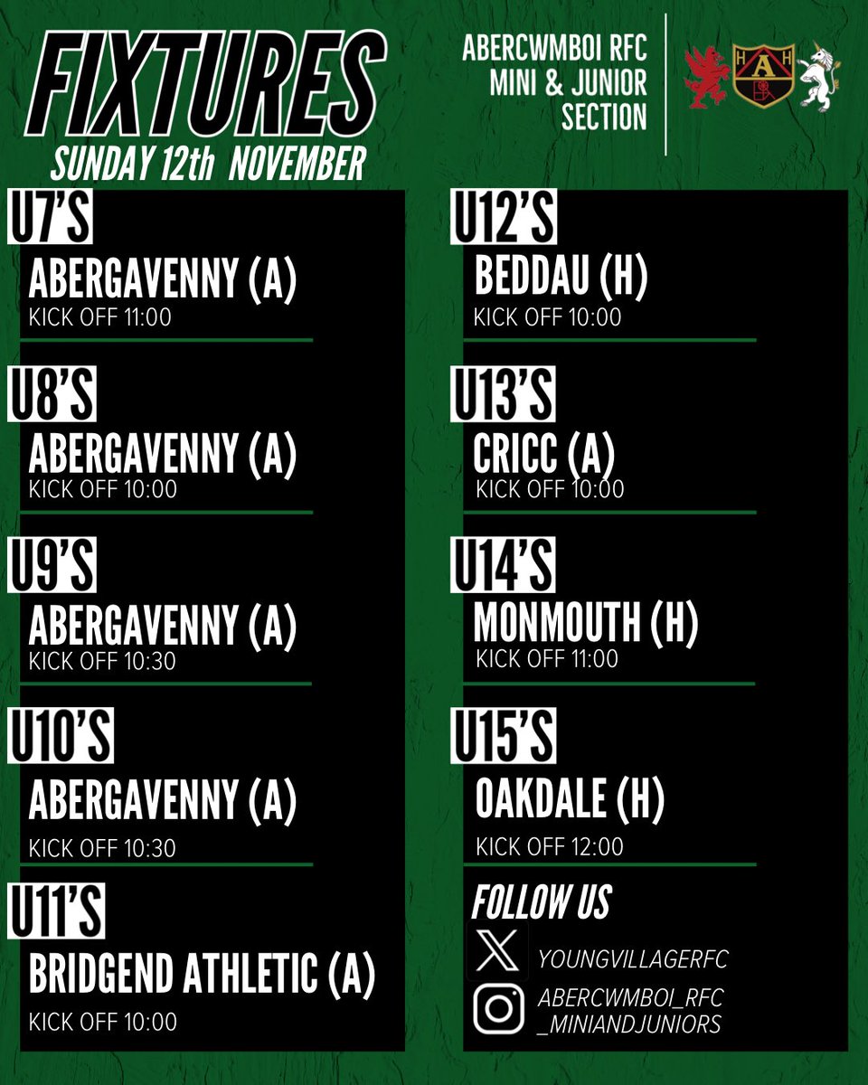 Abercwmboi RFC Mini & Juniors (@youngvillagerfc) on Twitter photo 7’s-10’s travel to <a href="/Abergavennymini/">AbergavennyRFCminis</a>
11’s away to <a href="/bridgendathrfc/">Bridgend Athletic</a>
12’s host <a href="/BeddauRFC/">Beddau R.F.C. 🏉</a>
13’s away to <a href="/CRICCCaerdydd/">CRICC</a> for their 3rd round <a href="/CardiffRugbyCup/">Cardiff Rugby Cup</a> game
14’s home to <a href="/MonYoungRugby/">Monmouth Young Rugby</a>
15’s host <a href="/OakdaleMiniRugb/">Oakdale Mini & Junior Rugby</a>
Good luck all age groups & enjoy
🟢⚪️⚫️
#Youngvillage 7’s-10’s travel to <a href="/Abergavennymini/">AbergavennyRFCminis</a>
11’s away to <a href="/bridgendathrfc/">Bridgend Athletic</a>
12’s host <a href="/BeddauRFC/">Beddau R.F.C. 🏉</a>
13’s away to <a href="/CRICCCaerdydd/">CRICC</a> for their 3rd round <a href="/CardiffRugbyCup/">Cardiff Rugby Cup</a> game
14’s home to <a href="/MonYoungRugby/">Monmouth Young Rugby</a>
15’s host <a href="/OakdaleMiniRugb/">Oakdale Mini & Junior Rugby</a>
Good luck all age groups & enjoy
🟢⚪️⚫️
#Youngvillage
