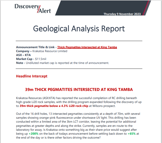 DiscoveryAlert's tweet photo. If you bought $KTA today and are wondering why it's been sold off after being up as much as 200% after announcing a significant 39m pegmatite intersection below a 4.3% Li20 rock chip sample we have the answers for you 👇

Discovery Alert has published a Geological Analysis Report on this todays announcements by $KTA.AX

If you would like to receive a copy of this reports, we are offering 1 free sample report to all new “Free Subscribers”.

Follow the link below, to claim your free Geological Analysis Report.

https://t.co/tfO8su5ZOG
