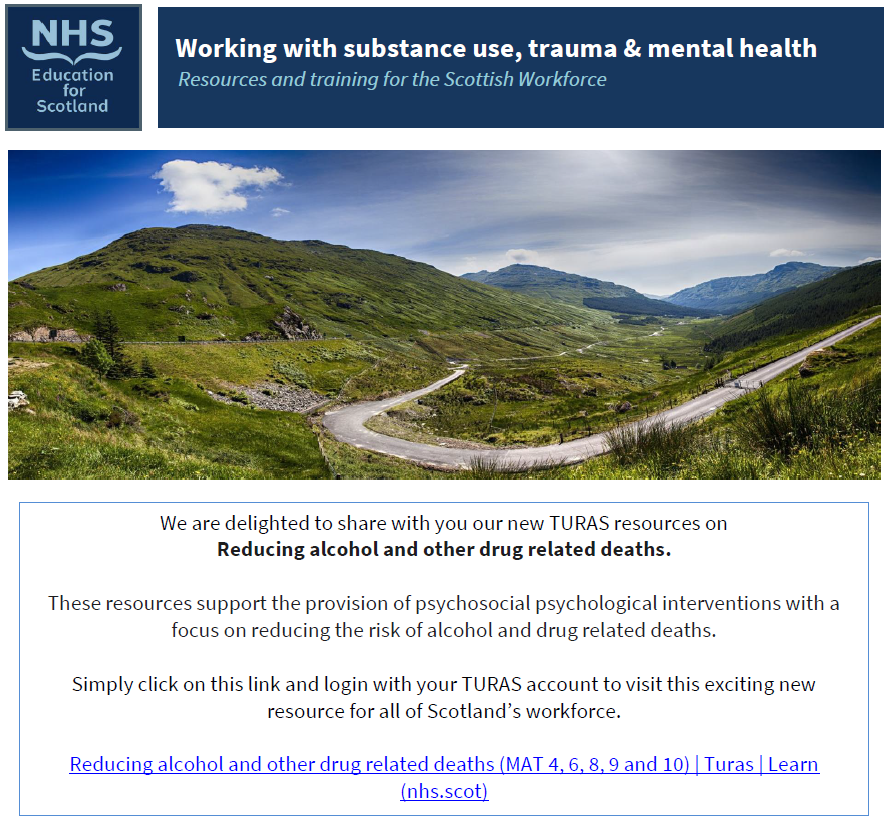 We are delighted to share our new TURAS resources on Reducing alcohol and other drug related deaths. These resources support the provision of psychosocial psychological interventions focusing on reducing the risk of alcohol &amp; drug related deaths. 
👇👇👇👇
learn.nes.nhs.scot/31758