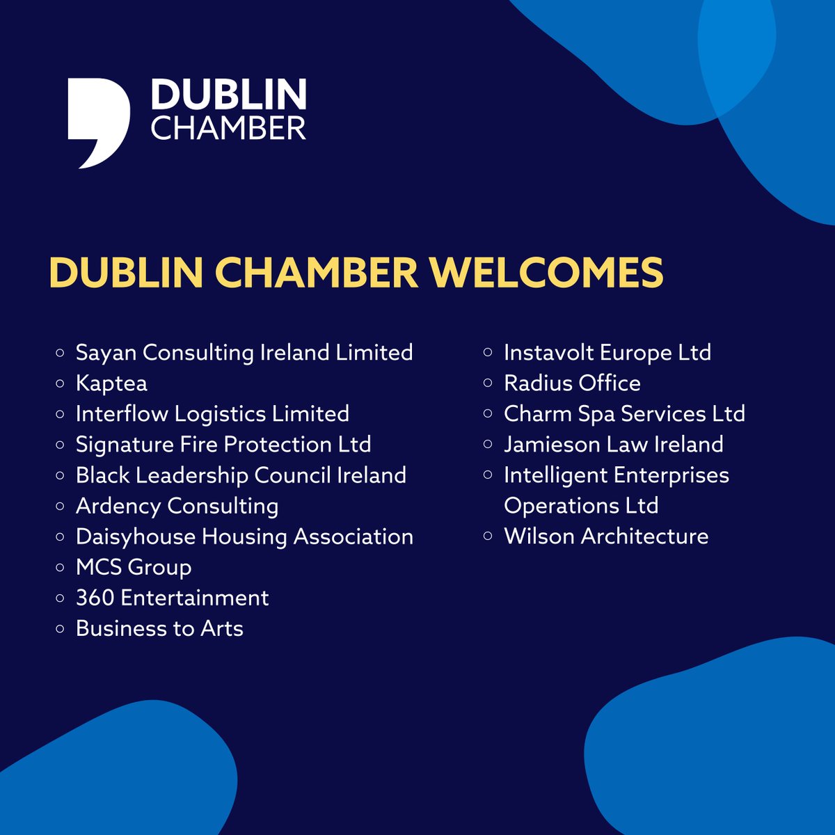 DubCham's tweet photo. Welcoming our new members 🙌

As a member, you'll have the opportunity to connect with professionals from a range of industries, have a voice in shaping policies that affect your industry and more.

Find out more about membership 👉 https://t.co/t3KrqBRXaN

#VoiceofDublinBusiness https://t.co/x2yXlc89VX