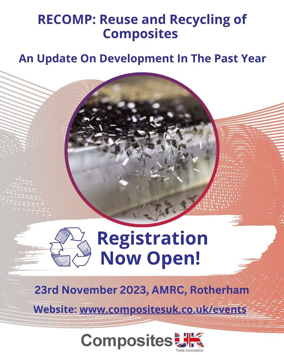 compositesuk's tweet photo. Hear the latest news on the commercialisation of composites recycling in the UK 

Join us on Thursday 23rd November at AMRC for RECOMP! 

Register Here: https://t.co/Dd7jfkLk89

#RECOMP23 #compositesUK #RecycleReuse #composites #compositesUKevents https://t.co/Z9XAePugFx