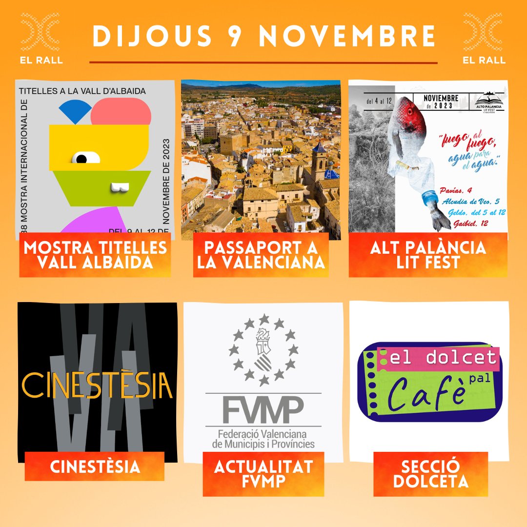 ElRall's tweet photo. Molt bon dia! Amb la ràdio ja encesa? Hui amb...
🎭la 38a edició de la @MITitelles,
🛫#Passaport a #Requena amb @raquelyyo,
✍️l'Alt Palància Lit Fest,
🗓️les novetats de la @fvmpendirecto,
i els amics de @Cinestesiaweb🎬 i @eldolcetpalcafe☕️! https://t.co/JQrnOvwmtb