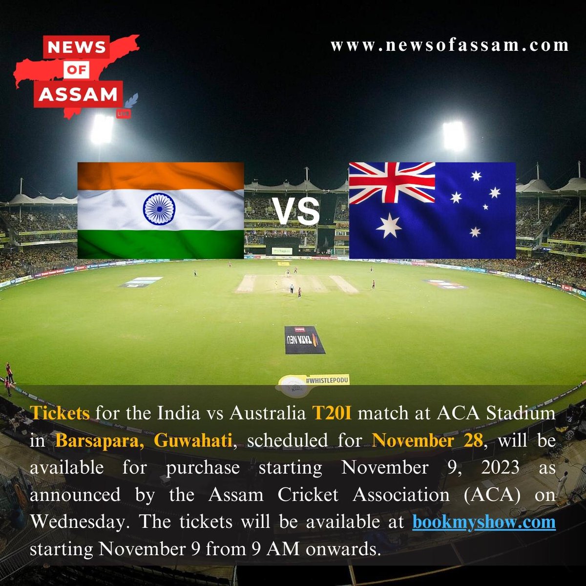 newsofassamlive's tweet photo. India Vs Australia T20 match on 28th of November, 2023
The upcoming T20 clash between India and Australia is set to take place at Sarusajai Stadium, courtesy of the Assam Cricket Association (ACA).
Starting tomorrow, November 9, 2023, at 9 AM.
https://t.co/orEUZAMV9h
#newsofassam https://t.co/IzoQEMqUnH