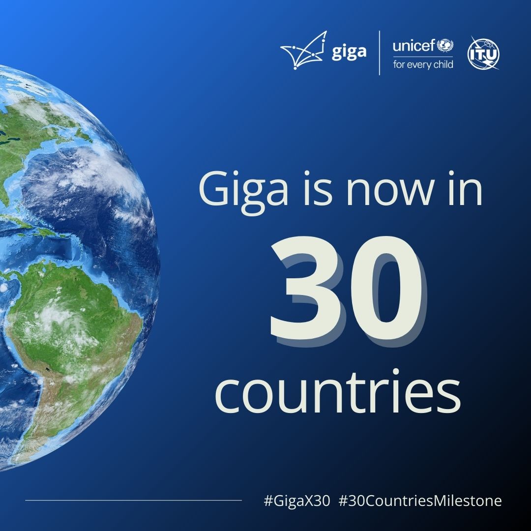 Gigaglobal's tweet photo. 🎉 Exciting news! Giga is now in 30 countries! 🌍

Since 2019, we've been working closely with governments and partners to bridge the global digital divide by connecting schools to the Internet. 

#GigaX30 #30CountriesMilestone (1/4) https://t.co/ol9mm5Ojly