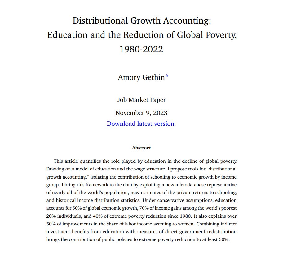 Excited to present my job market paper! Exploiting a unique microdatabase, I estimate that education accounts for: 1⃣ 50% of global economic growth since 1980 2⃣ 70% of growth for the world’s poorest 20% 3⃣ 50% of global gender inequality reduction 🔗 amory-gethin.fr/files/pdf/Geth…