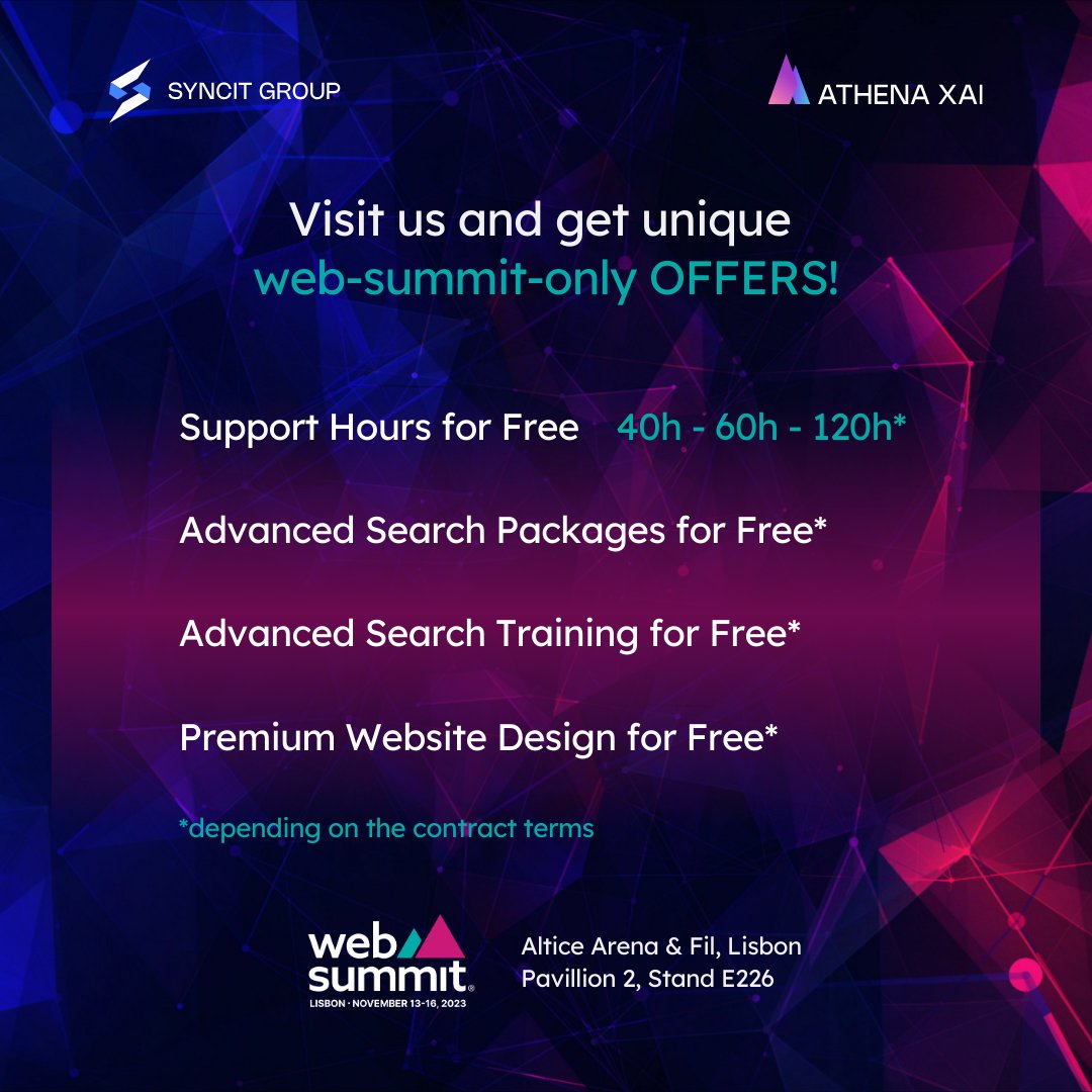 SyncitG's tweet photo. 📢We have prepared one-time-only offers for @WebSummit visitors. If you make quick decisions, your business gets immediate benefits.🌟Visit our company and get to know our top platform and services.📍Lisbon, Altice Arena, NOV 13-16, pavilion 2, stand E226. @SyncitG #AthenaXAI https://t.co/w5J0dGzKwc