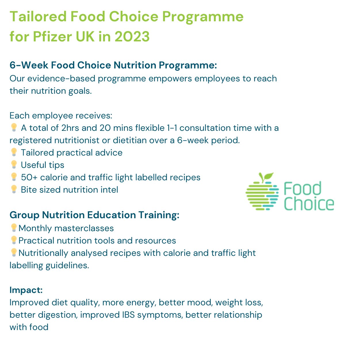 Food Choice is proud to partner with #PfizerUK this year. We developed a tailored year-long programme to support Pfizer employees to eat well to improve their dietary behaviours, health status and overall quality of life.