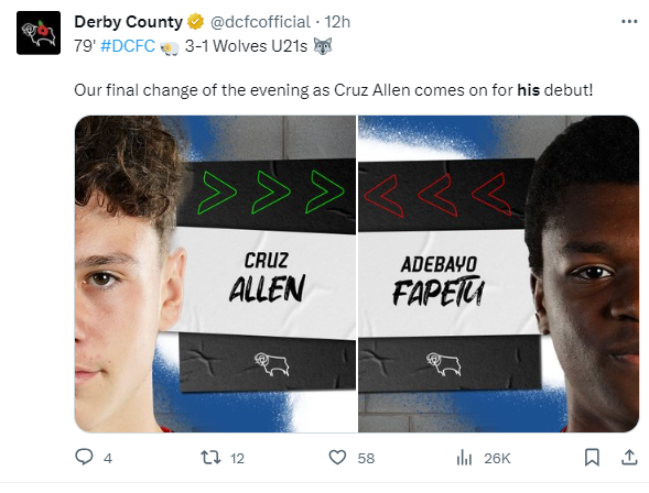 Huge congratulations to one of our 22-23 leavers Cruz Allen on making his debut for Derby County last night.