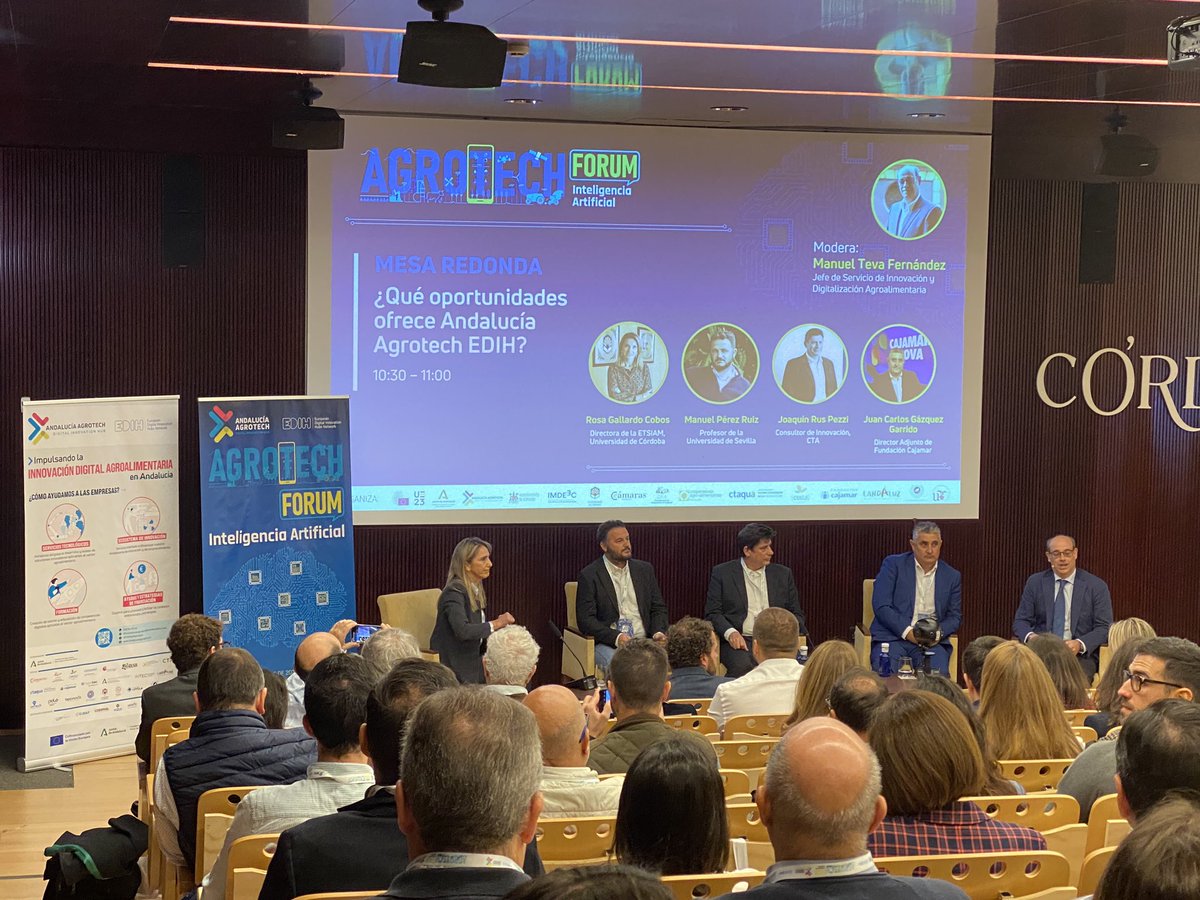 Comienza la mesa redonda “¿Que oportunidades ofrece Andalucía Agrotech EDIH?” con: 

✅ Rosa Gallardo Cobos <a href="/ETSIAMCordoba/">ETSIAM - Universidad de Córdoba</a> 
✅ Manuel Pérez Ruiz <a href="/ETSIASevilla/">ETSIA Univ. Sevilla</a> 
✅ Joaquín Rus Pezzi <a href="/CTAndalucia/">CTA</a> 
✅ Juan Carlos Gázquez <a href="/Cajamar/">Grupo Cajamar</a> 

Modera: Manuel Teva Fernández