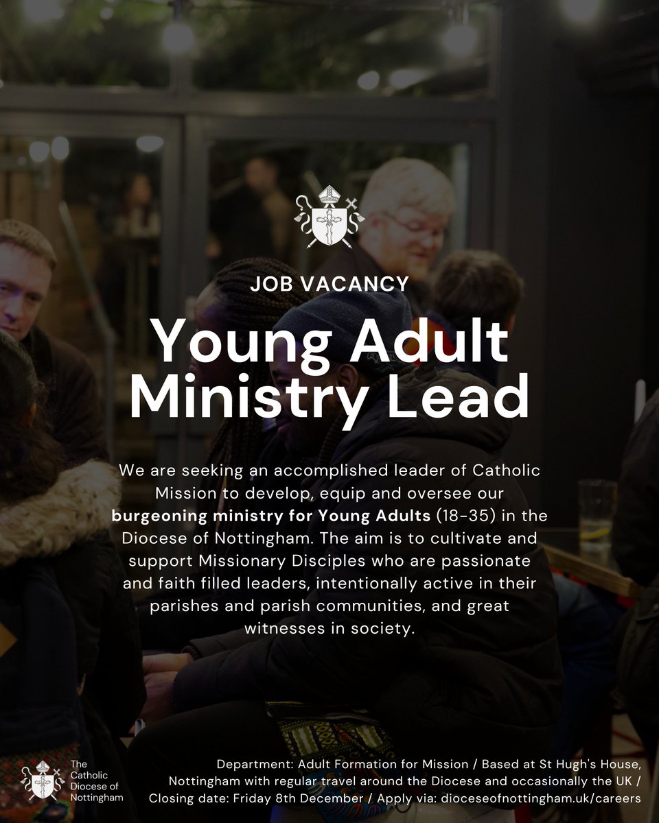 NottsDiocese's tweet photo. In response to the outcomes of our recent consultation we are pleased to announce two opportunities for individuals to assist in the mission of the diocese, though Young Adult Ministry and through Communication. These roles will provide key practical support in fulfilling and expanding the objectives of our small but effective one-person departments of Formation for Mission, Communications, and Outreach (Caritas).

To apply visit https://t.co/UxrIC06UCe