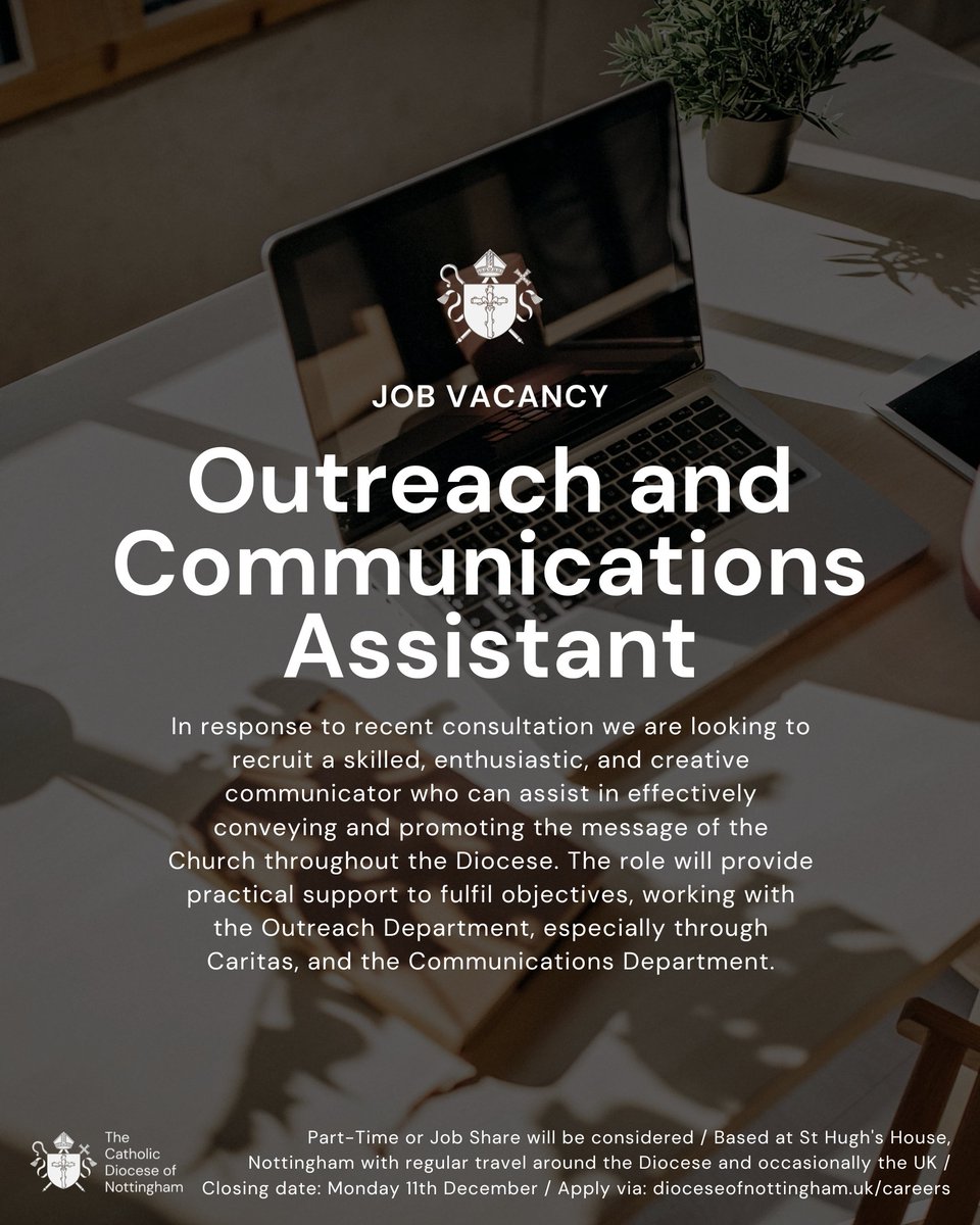 NottsDiocese's tweet photo. In response to the outcomes of our recent consultation we are pleased to announce two opportunities for individuals to assist in the mission of the diocese, though Young Adult Ministry and through Communication. These roles will provide key practical support in fulfilling and expanding the objectives of our small but effective one-person departments of Formation for Mission, Communications, and Outreach (Caritas).

To apply visit https://t.co/UxrIC06UCe
