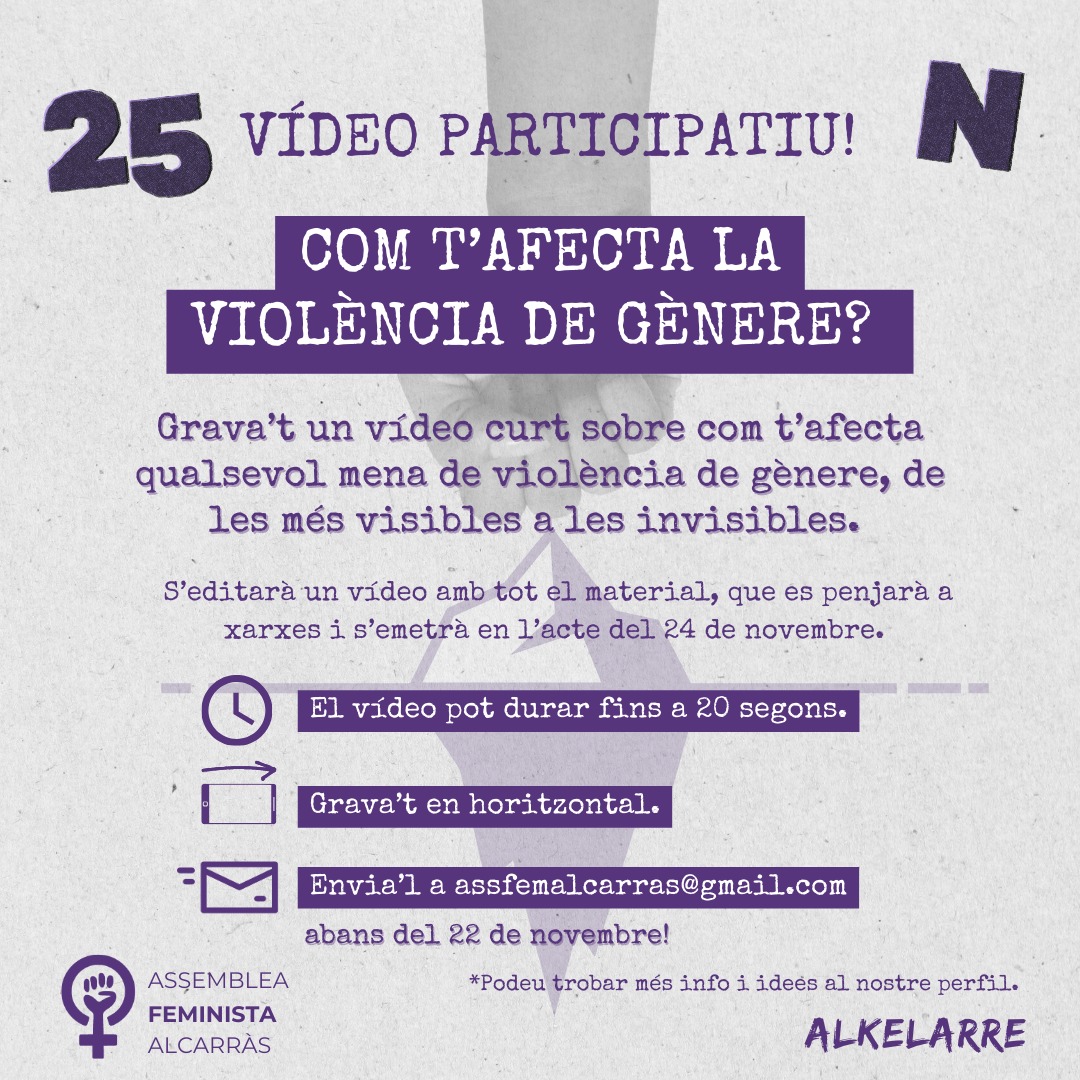AssFemAlcarras_'s tweet photo. 📽️ COM T’AFECTA LA VIOLÈNCIA DE GÈNERE?

Grava’t un vídeo sobre com t’afecta qualsevol mena de violència de gènere, de les més visibles a les invisibles 🔥

📧 Envia'l a assfemalcarras@gmail.com abans del 22 de novembre!

Juntes trenquem l'iceberg! #25N✊ https://t.co/3XxLDTp5sI