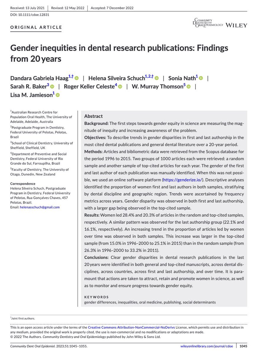 Community Dentistry Oral Epidemiology (@commdentoralepi) on Twitter photo New and open access in our current issue ๐
Gender inequities in dental research publications over a 20-year period
From <a href="/dandarahaag1/">dandarahaag</a> <a href="/Helena_Schuch/">Helena Schuch</a> <a href="/SoniaNath9/">Sonia Nath</a> <a href="/sarahRbakerDPH/">Prof Sarah Baker</a> <a href="/prof_rkc/">Roger Keller Celeste</a> @DrMuzz57 & Lisa Jamieson
Spoiler alert โผ๏ธ They exist!
onlinelibrary.wiley.com/doi/abs/10.111โฆ New and open access in our current issue ๐
Gender inequities in dental research publications over a 20-year period
From <a href="/dandarahaag1/">dandarahaag</a> <a href="/Helena_Schuch/">Helena Schuch</a> <a href="/SoniaNath9/">Sonia Nath</a> <a href="/sarahRbakerDPH/">Prof Sarah Baker</a> <a href="/prof_rkc/">Roger Keller Celeste</a> @DrMuzz57 & Lisa Jamieson
Spoiler alert โผ๏ธ They exist!
onlinelibrary.wiley.com/doi/abs/10.111โฆ