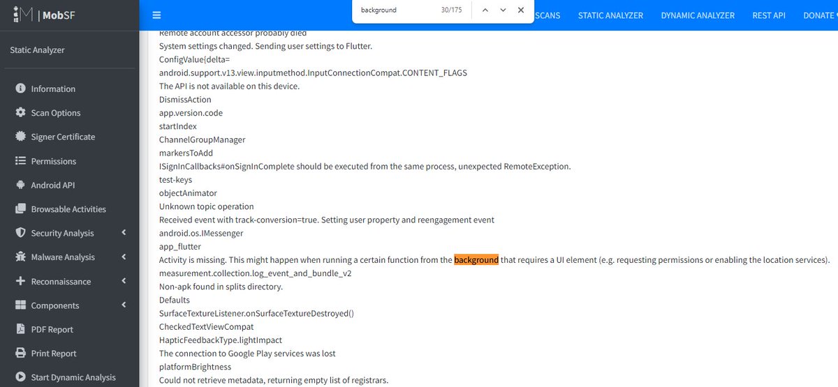 logic's tweet image. Cursory #MobSF scan though dumps quite a lot of background activity references, at least some of them broke with new Android permissions model (like the highlighted error).

It uses firebase as backend - so the install base justification of its impossible to track is BULLSHIT.