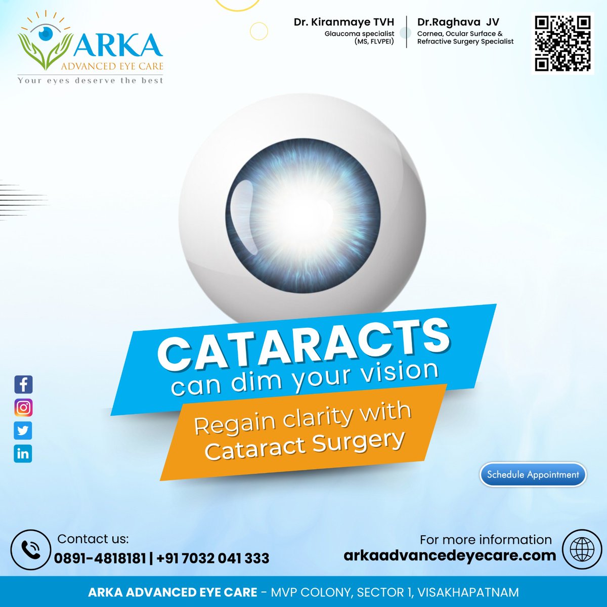 ArkaEye's tweet photo. CATARACTS can dim your vision
Regain clarity with Cataract Surgery

Call: 0891-4818181, 7032041333 or
Visit our website for more: https://t.co/xlIUus5a9C

#ClearVisionAhead #CataractAwareness #SeeClearlyNow #EyeHealthMatters #VisionCare #CataractFree #EyeWellness #HealthyEyes # https://t.co/AoZvA12G90