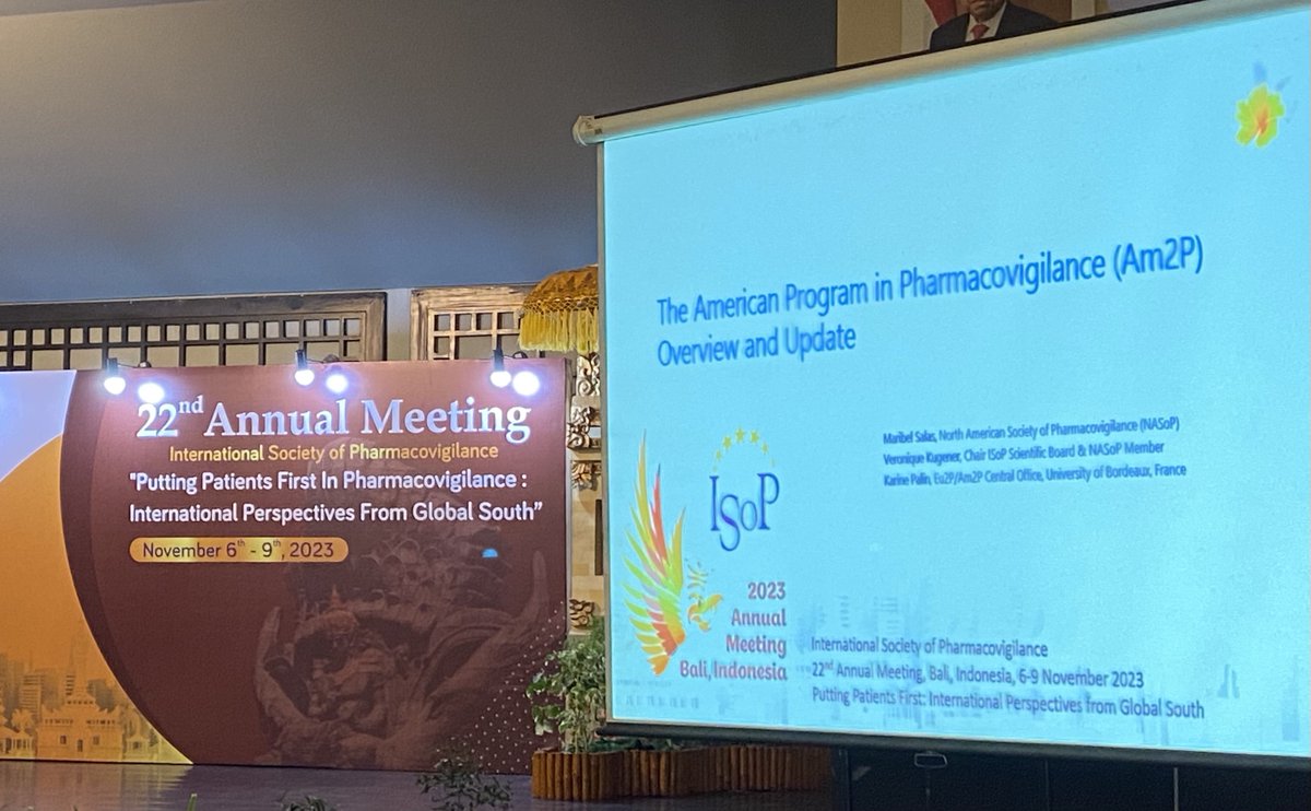 Am2Pcourses's tweet photo. Maribel Salas presented the American program in pharmacovigilance designed and created by the ISoP North America chapter (NASoP) and the European training programme in Pharmacovigilance and Pharmacoepidemiology (@Eu2P) at #ISoPBali2023 https://t.co/5edn6KopDx