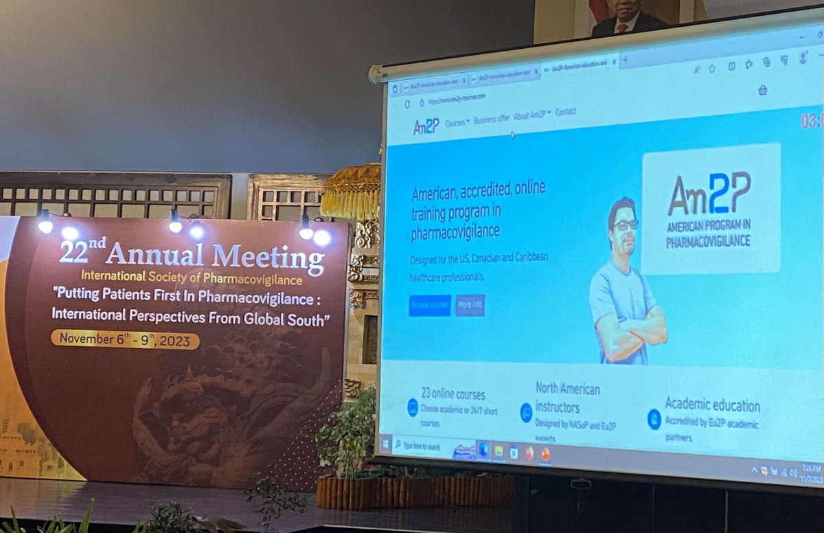 Am2Pcourses's tweet photo. Maribel Salas presented the American program in pharmacovigilance designed and created by the ISoP North America chapter (NASoP) and the European training programme in Pharmacovigilance and Pharmacoepidemiology (@Eu2P) at #ISoPBali2023 https://t.co/5edn6KopDx