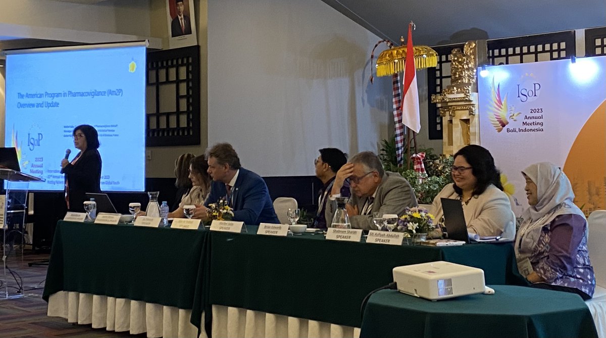 Am2Pcourses's tweet photo. Maribel Salas presented the American program in pharmacovigilance designed and created by the ISoP North America chapter (NASoP) and the European training programme in Pharmacovigilance and Pharmacoepidemiology (@Eu2P) at #ISoPBali2023 https://t.co/5edn6KopDx