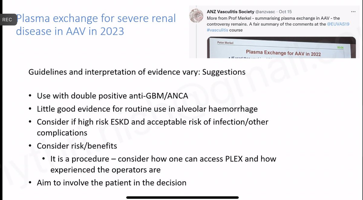 The debate is ongoing on the role of plasmapheresis in ANCA vasculitis. 

Uncertainties surrounding ANCA vasculitis management deciphered @GlomCon fellowship by @KitchingLab .