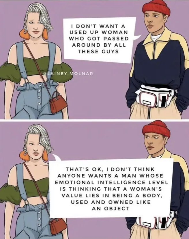 Two interesting points here: #Virginity is only of value if you are a bottle of olive oil. #Bias finds it’s way through ANYTHING. Be aware of it! The man in the cartoon could be a #BIPOC whereas the woman is def white. Why does he get to be the prejudiced one?