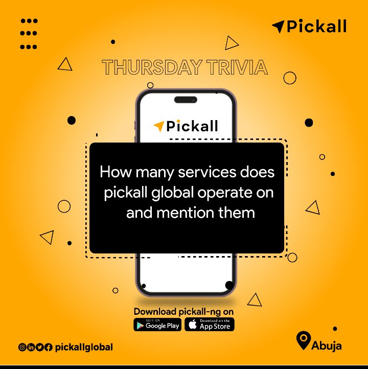 Pickallglobal's tweet photo. It's Thursday, a day for a good trivia question... "How many Services does pickall global operate on and mention them?"
.
.
.
#pickall #logistics #gainwithxtiandela #explore #global https://t.co/FNkX9K0WoI