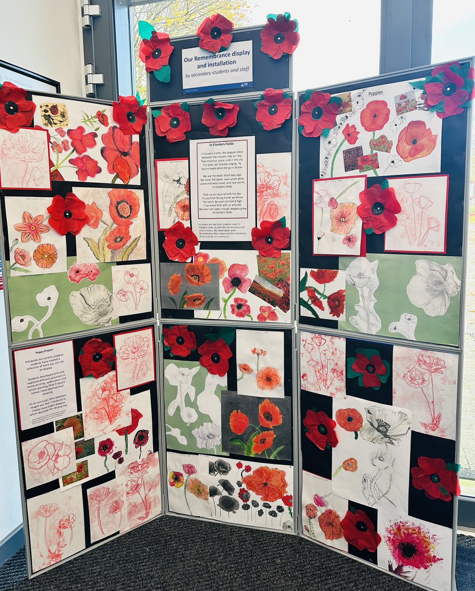 DTC_ECTLead's tweet photo. Part 2: Accompanying our poppy installation, students have made prints, paintings, collages and drawings to commemorate Remembrance Day. They have worked hard to create fantastic pieces of work and you can see them on display in our academy reception. @DixonsTC https://t.co/BIuSQ3o42x