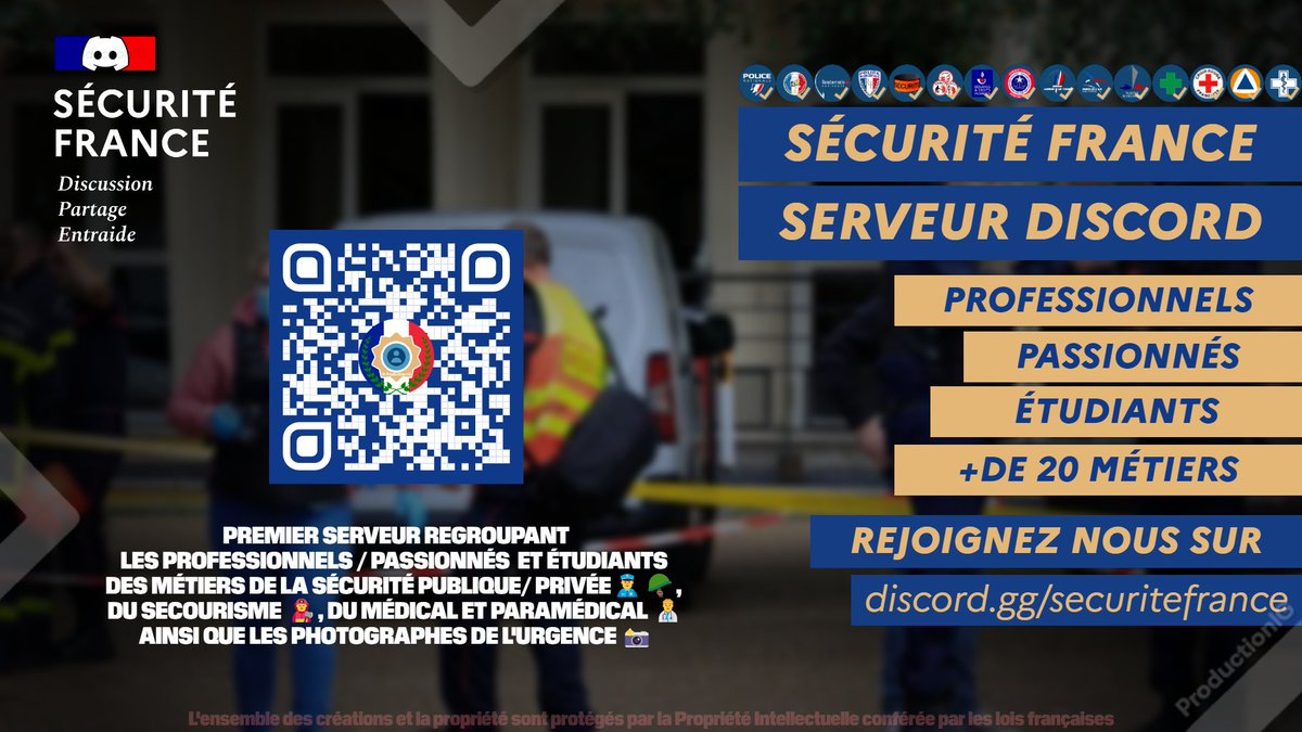 SecuriteFrance_'s tweet photo. 🇫🇷  SÉCURITÉ FRANCE
1er serveur @discord regroupant les professionnels / passionnés / étudiants des métiers de la sécurité publique/ privée👮‍♂️🪖, du secourisme 👨‍🚒, du médical et paramédical 👨‍⚕️ ainsi que les photographes de l'urgence 📸

 REJOINDRE : https://t.co/oI2rZR2gZu https://t.co/tSTPMQuPkc