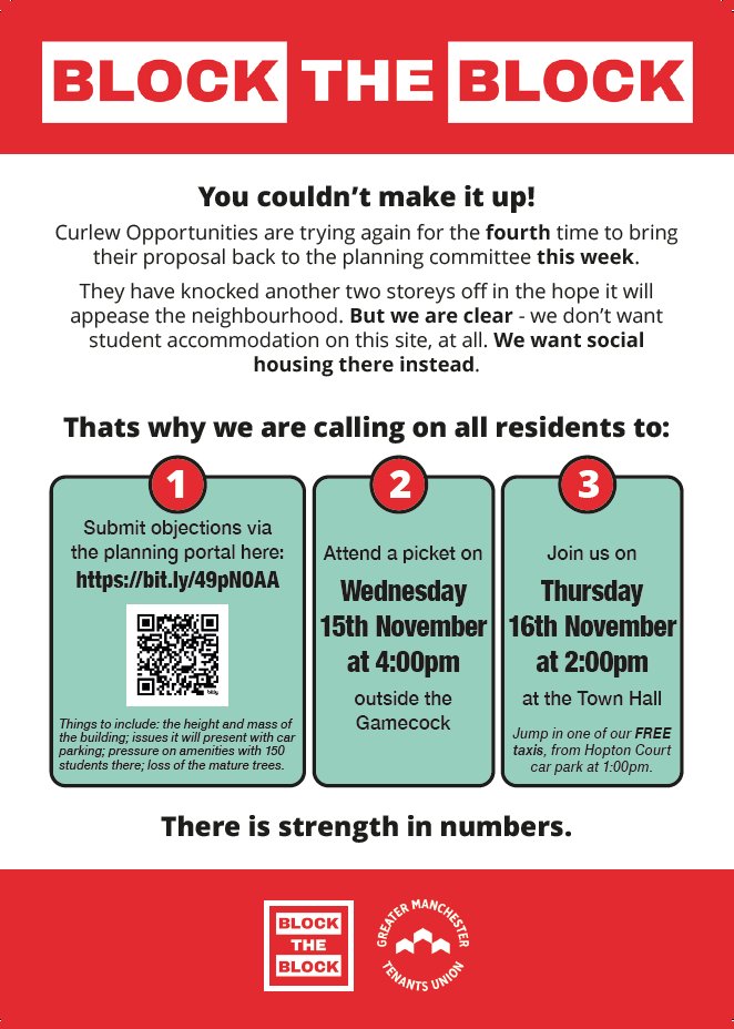 blocktheblock1's tweet photo. The Gamecock is back at planning next week. Despite reducing the height slightly, we remain opposed. We don't want more PBSA in Hulme. That site could be social housing instead — something we desperately need.

We'll be holding a picket at the site next Weds, 4pm. https://t.co/BZnJKqXhwi