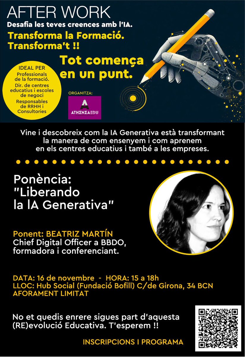 👉🏼 No us perdeu la xerrada de <a href="/zigiella/">zigiella 🏴‍☠️</a> sota la temàtica: “Liberando la IA Generativa” 

✅ Excepcional #afterwork d’<a href="/Atheneaedu_ai/">Atheneaedu.ai</a> el pròxim dijous 16 de Novembre a la <a href="/FundacioBofill/">Fundació Bofill</a> (15:00 a 18:00) 

Aconsegueix la teva entrada: lnkd.in/dQPiGBW2 🚀🚀🚀